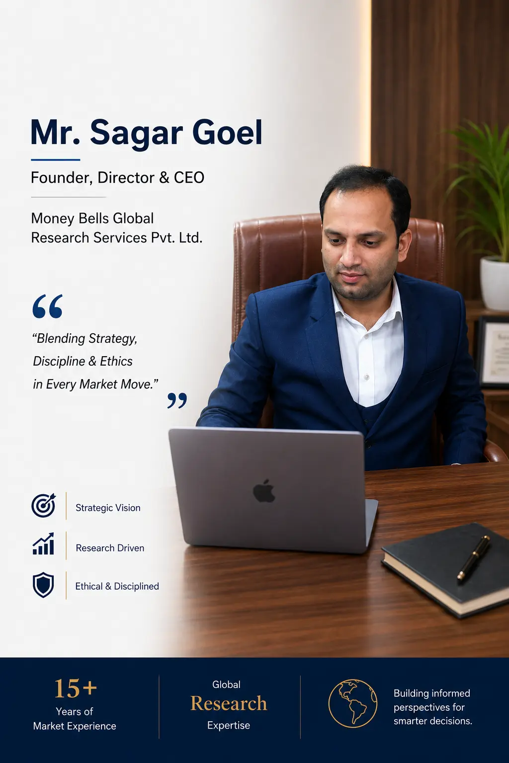 Professional corporate portrait of Mr. Sagar Goel, Founder & CEO of Money Bells Global Research Services Pvt. Ltd., showcasing leadership, confidence, and a premium executive office environment.
