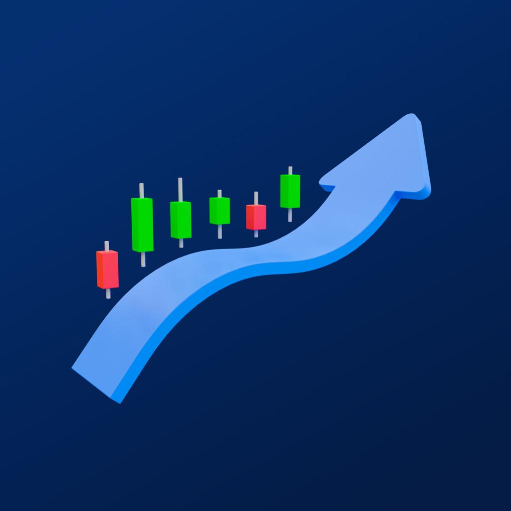 Stock market growth showing candlestick chart with upward arrow trend indicating profitable trades