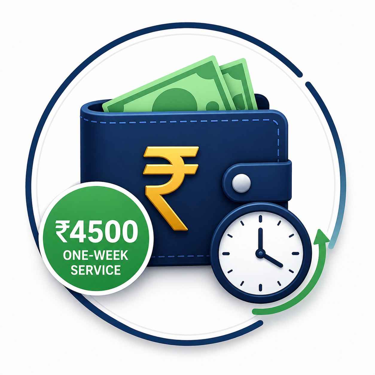 Economy pricing plan ₹4500 for one week stock market research service with financial growth icon
